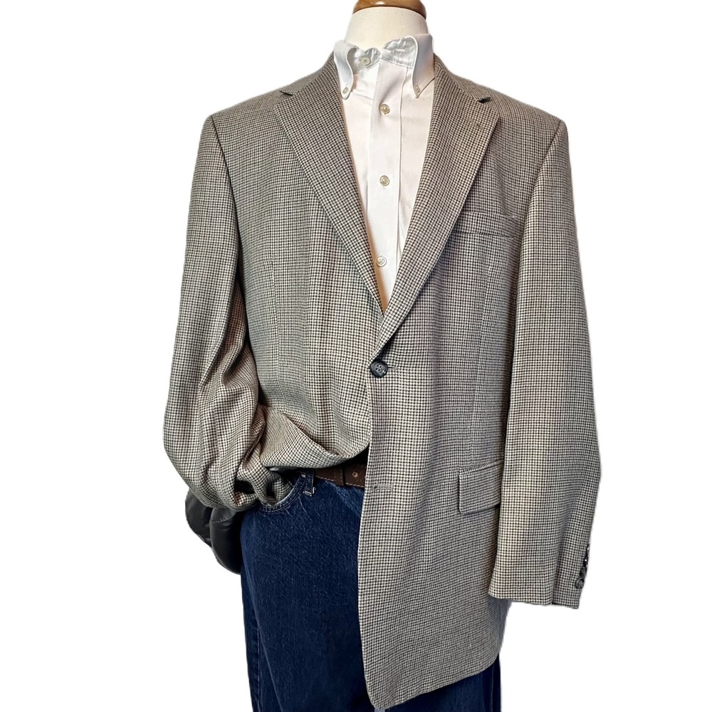 A Fezza Beige Houndstooth Tan Silk Wool 2-Button Blazer 44L Sport Coat Jacket‎